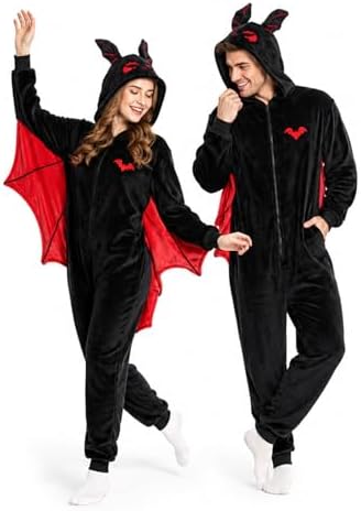 Adult Bat Costume Pajamas Flannel Hooded Onesie with Wings for Halloween