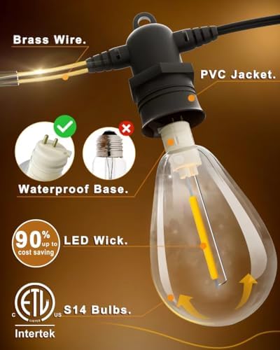 60FT LED Outdoor String Lights with 16+1 Edison Shatterproof Waterproof Bulbs, 2700K Commercial Grade Patio Lights, Heavy Duty Outside Hanging for Garden Porch Deck Decor
