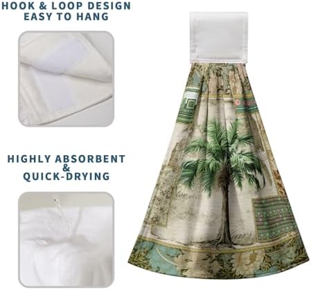 Palm Tree Hanging Hand Towels Set of 2 Vintage Tropical Leaves Green Jungle Plant Kitchen Towels with Hanging Loop Botanical Dish Towels Soft Absorbent Fingertip Bath Tie Towel for Bathroom