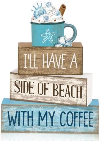 Lineshading 4 Pcs Beach Coastal Wooden Block Signs with Coffee Cup Summer