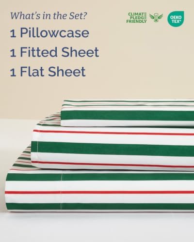 Christmas Sheet Set, Cabana Stripe, Holiday Xmas Bedding Set - Twin XL Size