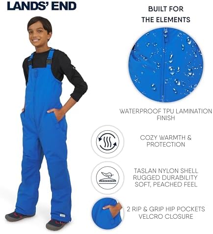 Lands' End Unisex Kids Squall Waterproof Adjustable Insulated Iron Knee Snow Bib Overalls