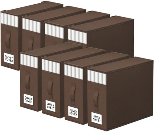 StorageTastic 8 Pack Bed Sheet Closet Organizers and Storage,Sturdy Foldable Storage Containers with Window and Label,Storage and Organization for Bedding Sheets,Duvet Covers,Blankets (Brown)