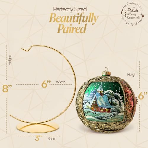 Hand Blown Glass Ball Christmas Ornament, 6 in, Winter Charm Gold