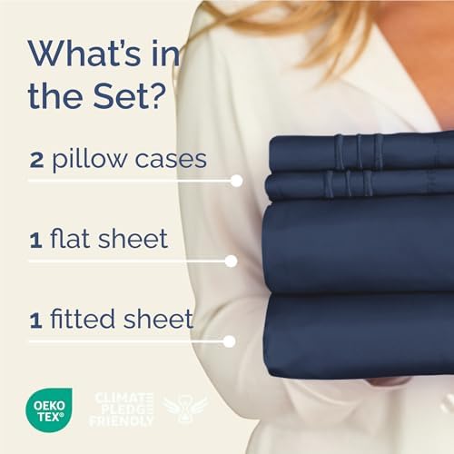 Full Size 4 Piece Sheet Set - Comfy Breathable & Cooling Sheets - Navy Blue
