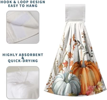 Fall Orange Pumpkin Hanging Hand Towels Set of 2 Autumn Harvest Maple Leaves Kitchen Towels with Hanging Loop Thanksgiving Holiday Bath Towels Soft Absorbent Fingertip Dish Tie Towel for Bathroom