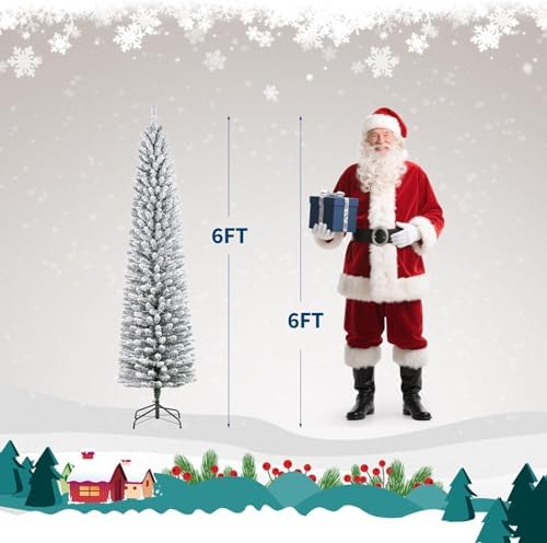 Garvee 6 ft Pencil Prelit Christmas Tree, Snow Flocked Xmas Tree