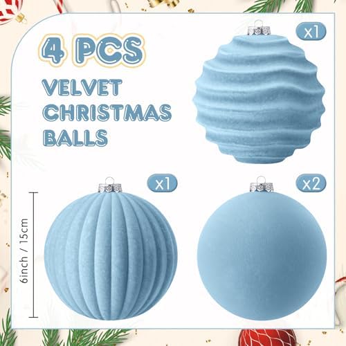 Syhood 4 Pcs 6 Inch Velvet Christmas Balls Large Ornaments, Dusty Blue