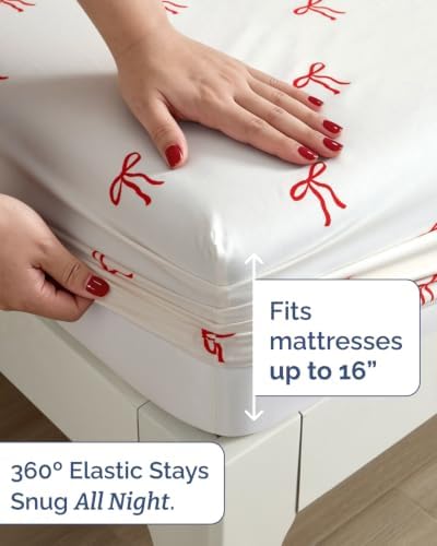 Christmas Sheet Set, Dainty Red Bows, Holiday Xmas Bedding Set - Cal King