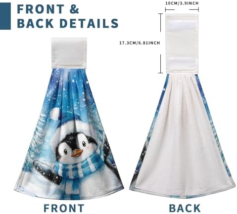 Winter Penguin Blue Kitchen Hanging Towels Set of 2 Cute Snowman Snowflakes Christmas Hand Towels with Hanging Loop Tea Bar Dish Cloths Dry Towel Soft Absorbent Fingertip Bath Tie Towel for Bathroom