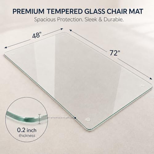 48 x 72 Inch Glass Chair Mat, 1/5 Inch Thick Tempered Glass Office Chair Mat for Carpet and Hardwood Floors, Heavy Duty Clear Desk Floor Protector with Rounded Corners and 8 Non-Slip Pads