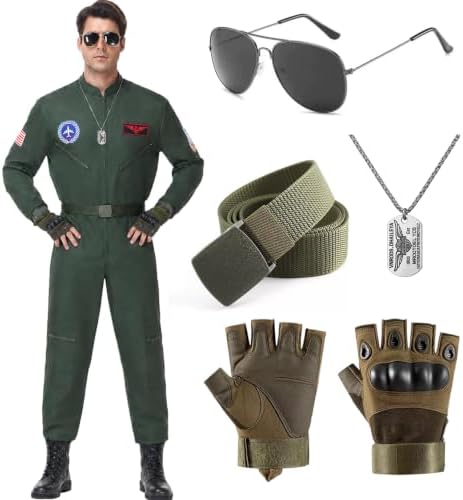 Men Fighter Pilot Costume Halloween Adult Flight Suit Jumpsuit 6PCS