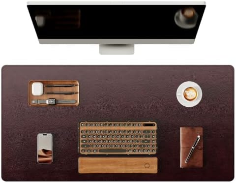 YSAGi Genuine Leather Desk Mat, 31.5"x15.8"Office Desk Pad, Thick Desk Pad Mat with Stitched Line, Non-Slip Desk Mat with Rubber Base (Red Brown, 31.5"x15.8")