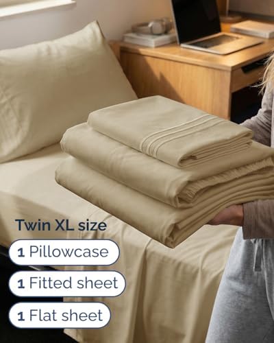 Twin XL Size 3 Piece Sheet Set - Comfy Breathable & Cooling Sheets - Beige