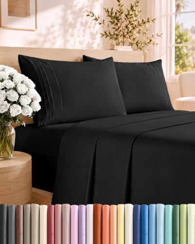 Queen Size 4 Piece Sheet Set - Comfy Breathable & Cooling Sheets - Black
