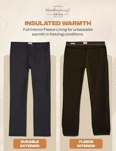 Weatherproof Vintage Fleece Lined Pants Men's - Regular Fit | Soft & Warm, Cold Weather Insulated Canvas Winter Pants for Men
