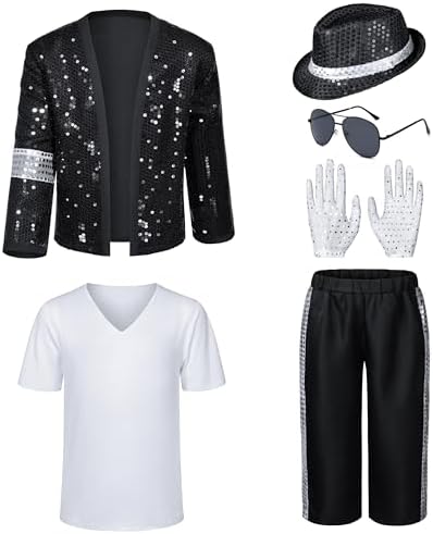 Dance Star Kids Costume for Boys 80s 90s Pop Stage Cosplay Party Halloween Role Play Black 3-12 Years