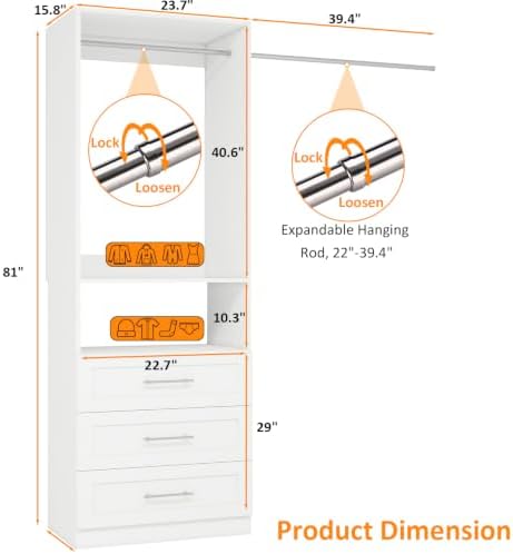 Closet System with 3 Drawers, Modular Closet Organizer System with 2 Hanging Rods and Shelf, Walk-In Closet System for Custom Closet Storage, White
