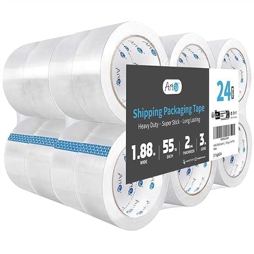 Art3d 24 Rolls Carton Sealing Tape Heavy Duty, 1.88" x 55 yds, 2 mil Thick | 2.2 mil Thick, Carton Sealing, Strong Adhesive Tape for Shipping Moving Boxes, Home and Office Use
