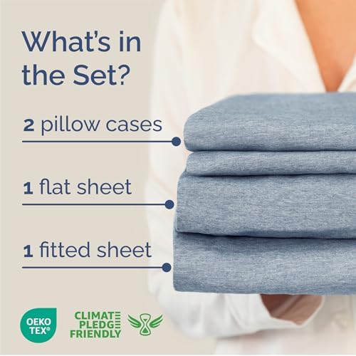 Queen Size 4 Piece Sheet Set - Breathable & Cooling Sheets - Heathered Blue