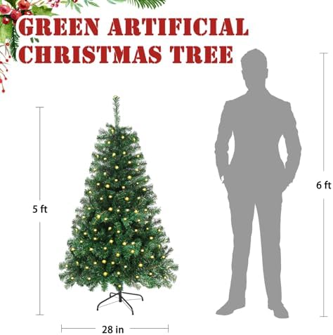 5FT Pre-Lit Green Small Christmas Tree 600 PVC Branch 200 Warm Lights