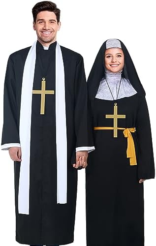 Shinymoon Halloween Priest Costume Nun Costume with Robe Cross Accessories Crucifix Necklace Prop for Women Men Adult, Black (Large)