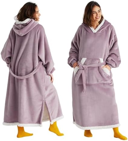 Bedsure Wearable Blanket Hoodie, Long Hooded Blanket Sweatshirt as Christmas Birthday Gifts for Women, Cozy Sherpa Hoodie for Adult, Small, Lavender