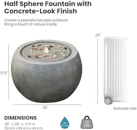 Tankana Garden Water Fountain Outdoor - Indoor Large Round Bubbler Water Feature with Lights & Pump and Concrete Effect for Patio Pool Pond Yard Home Decor Gray, 25 "L X 25" W X 17.5" H
