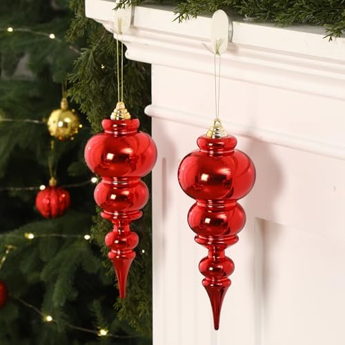 Soulchen 2 Pcs 12" Large Christmas Finial Drop Ornaments, Shiny, Red