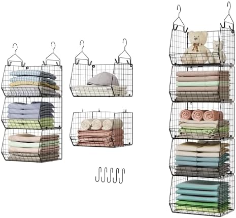 X-cosrack 5 Tier Closet Hanging Organizer, Clothes Hanging Shelves with 4 Hanging Hooks 5 S Hooks, Wire Storage Basket Bins, for Clothing Sweaters Shoes Handbags Clutches Accessories Patent Design