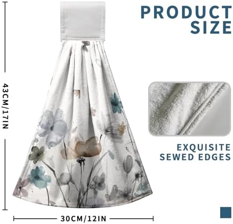 Watercolor Floral Hanging Kitchen Towels Set of 2 Spring Summer Grey Flowers Hand Towel with Hanging Loop Wildflower Daisy Dish Towel Soft Absorbent Bath Tie Towel for Bathroom Farmhouse