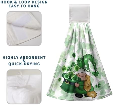 St Patricks Day Gnomes Hanging Kitchen Towels Set of 2 Spring Lucky Shamrocks Hand Towel with Hanging Loop Irish Green Dish Towel Soft Absorbent Bath Tie Towel for Bathroom Farmhouse