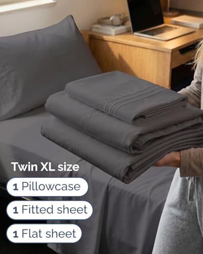 Twin XL Size 3 Piece Sheet Set - Breathable & Cooling Sheets - Dark Grey