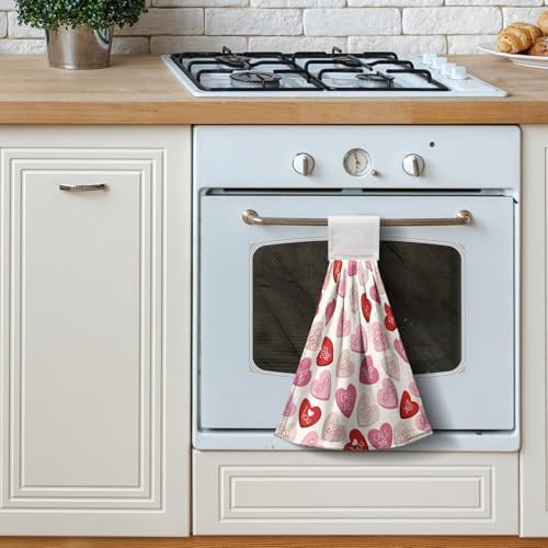Valentines Day Kitchen Hanging Towels Red Pink Heart True Love Hand Towel with Hanging Loops Valentine Holiday Wedding Dish Washcloths Soft Absorbent Fingertip Dish Tea Bar Tie Towel Set of 2