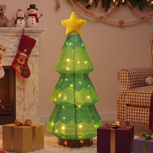 27.5-Inch Lighted Christmas Tree for Outdoor Christmas Decorations, Battery Operated Pop-Up Decor with 45 Warm White LEDs, 8 Lighting Modes, Timer, Collapsible Design for Porch, Yard and Lawn