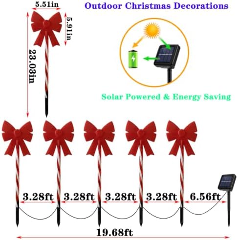 Outdoor Christmas Decorations Solar Pathway Lights, Set of 5 Red Bow Candy Stake Lights, Waterproof Solar Christmas Lights for Holiday Display Yard Garden Lawn Winter Party Xmas Decor