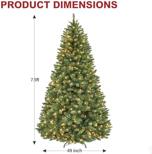 Hykolity 7.5 ft Prelit Christmas Tree with 1,450 Branch Tips, 450 Warm White Led Lights, Hinged Design and Sturdy Metal Stand