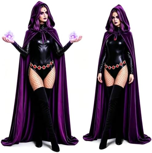 YAQIZENG Purple Velvet Hooded Cloak Costume for Women Adult Halloween Costumes with Bodysuit Black Tights Belt Outfits