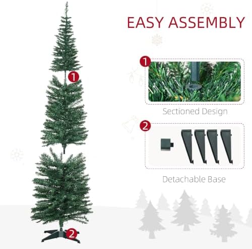 HOMCOM 7' Tall Pre-Lit Slim Noble Fir Artificial Pencil Christmas Tree with 200 Warm White LED Lights and 499 Tips, for Christmas Decoration, Green
