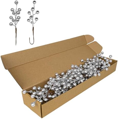 LLZLL 32 Pack Christmas Picks Artificial Christmas Tree Berries 6.5 Inch Holly Berry Stems for Winter Xmas Holiday DIY Ornaments（Silvery）