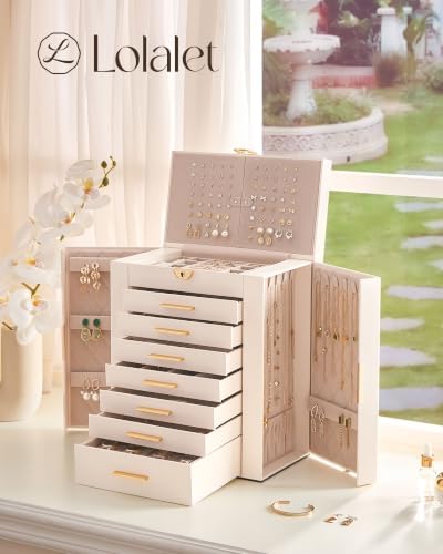 Lolalet Large Jewelry Box, 8-Layer Jewelry Organizer with 7 Drawers -Beige