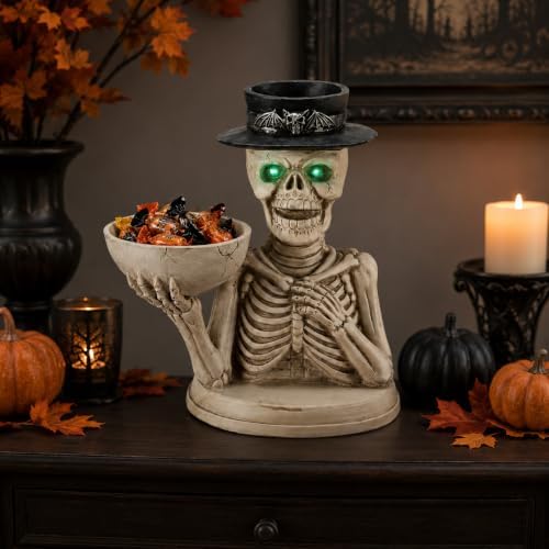 Halloween Skeleton Figurine with LED Glowing Eyes & Candy Bowl