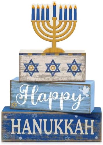 Lineshading 4 Pcs Hanukkah Table Decor for Home, Wooden Menorah Block Signs