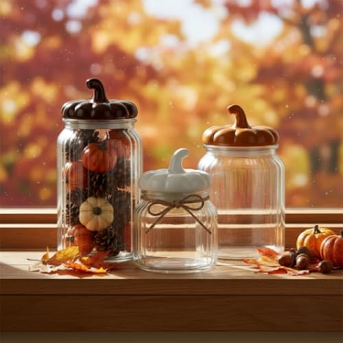 Mimorou 3 Set Fall Glass Jar with Pumpkin Lid Fall Clear Candy Jar Food Storage Canister with Airtight Ceramic Lid for Thanksgiving Party Tea Cookie Table Decoration (White, Brown, Light Brown,Autumn)