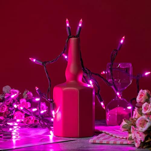 YULETIME 200 Pink LED Christmas Lights, 66 ft Brown Wire UL String Light
