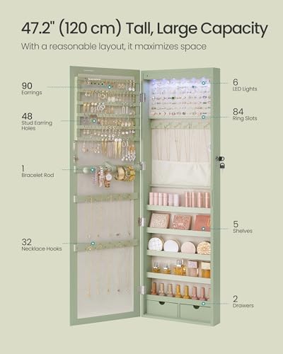 SONGMICS 6 LEDs Mirror Jewelry Cabinet, 47.2-Inch Tall, Lockable