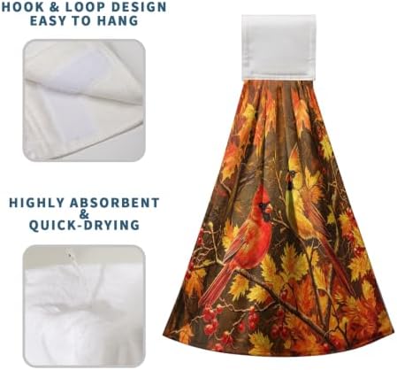 Fall Red Birds Hanging Kitchen Towels Autumn Thanksgiving Maple Leaves Hanging Tie Towels with Hanging Loop Soft Washcloth Bath Dish Towel for Bathroom Decor