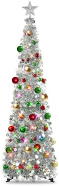 N&T NIETING Pop Up Christmas Tree with Lights & 30 Balls, 5Ft Collapsible Silver Tinsel Christmas Tree Decoration for Holiday Home Office Decor
