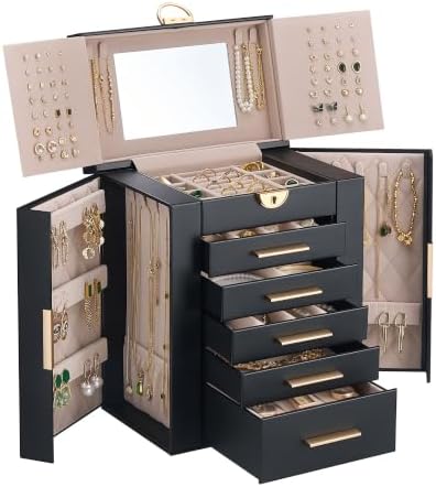 Lolalet Large Jewelry Box, 6-Layer Jewelry Organizer with 5 Drawers -Black
