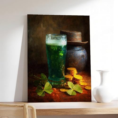 JDBeehpySt. Patrick's Day Green Beer Lucky Coins Still Life Fashion Minimalist (Unframed, Canvas Only) Canvas Wall Art Classic Irish Holiday Festival Aesthetic Pictures Farmhouse 08x12inch(20x30cm)